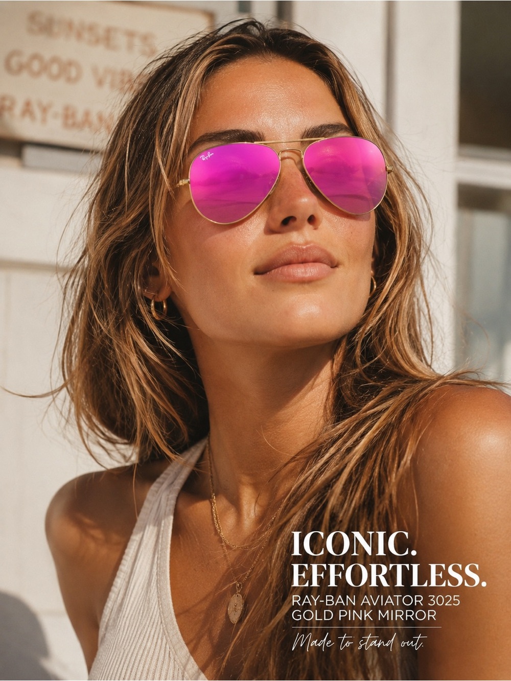 Ray-Ban Gold Aviator Sunglasses with Pink Mirror Lenses